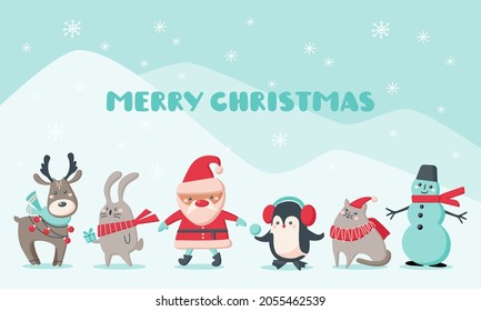 Christmas cards with cute animals and Santa Claus. Characters reindeer, snowman, Santa Claus, penguin, cat, rabbit with snowflakes. Vector flat illustration.  Design for greeting card, banner