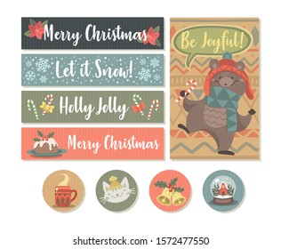 Christmas cards with cute bear. Vector illustration.