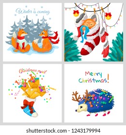 Christmas cards with cute cartoon animals. Hand drawn characters of fox, kittin, hedgehog. Merry Christmas collection set with winter season objects. Isolated on background. Vector illustrations.