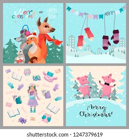 Christmas cards with cute cartoon animals and young girl. Hand drawn characters of fox, dog, pigs. Merry Christmas set with winter objects. Hand Drawn textures and lettering. Vector illustrations.