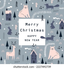 Christmas cards with cute forest animals. Vector illustrations