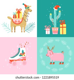 Christmas cards with cute funny animals, cactus and retro roller skate 