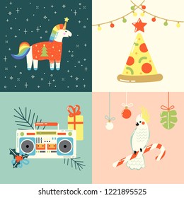 Christmas Cards With Cute Funny Animals, Pizza Slice And Boombox 