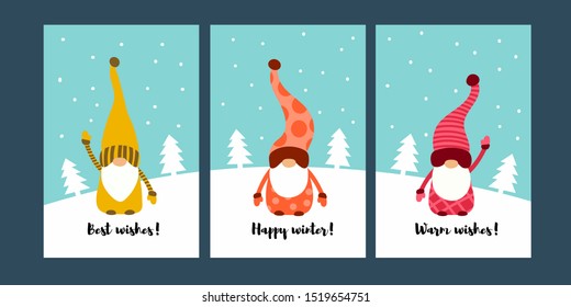 Christmas cards with cute  little Scandinavian gnomes. Fantastic character of dwarf. Flat design. Vector illustration. Season greetings. 