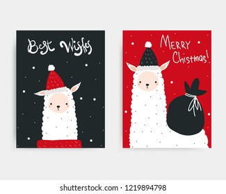 Christmas cards with cute llama and lettering. Vector hand drawn illustration.