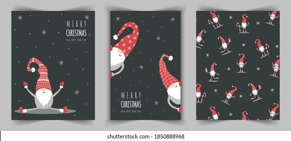 Christmas cards with cute nordic gnome in red hat. Season greeting. Merry christmas and happy New year. Vector illustration in cartoon style. Scandinavian vintage postcards.