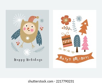 Christmas cards. Cute owl , tree and snowflakes, vector elements