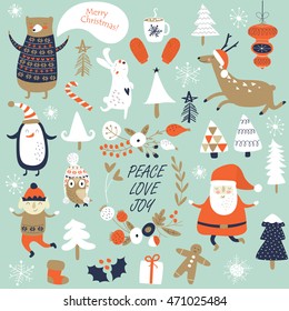 Christmas cards with cute Santa Claus, trees, flowers, mittens, snowflakes and christmas toys, penguin in winter cap, elf, christmas crackers and forest animals  in cartoon style