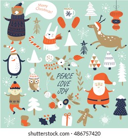 Christmas cards with cute Santa Claus, bear,  trees, flowers, hot chocolate, mittens, snowflakes and christmas toys, penguin, elf, christmas crackers and forest animals  in cartoon style