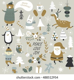 Christmas cards with cute Santa Claus, bear in knitted jumper, trees, , cup of hot chocolate, mittens, snowflakes and christmas toys, penguine, elf, crackers and forest animals  in cartoon style