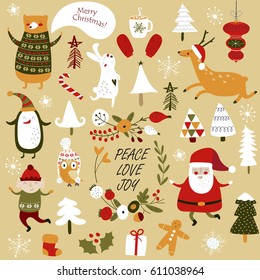 Christmas cards with cute Santa Claus, bear, trees, flowers, mittens, snowflakes and christmas toys, penguin in winter cap, elf, christmas crackers and forest animals  in cartoon style