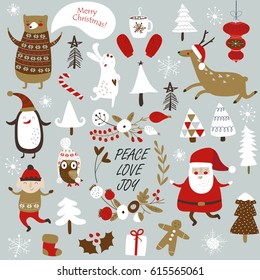 Christmas cards with cute Santa Claus,  trees, flowers,  mittens, snowflakes and christmas toys, penguin in winter cap, elf, christmas crackers and forest animals  in cartoon style