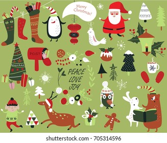 Christmas cards with cute Santa Claus, bear, trees, flowers,  mittens, snowflakes and christmas toys, penguin in winter cap, elf, christmas crackers and forest animals  in cartoon style