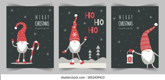 Christmas cards with cute scandinavian gnomes in red hats. Season greetings. Merry christmas and happy New year. Funny vector illustration in flat style. Nordic vintage postcards.