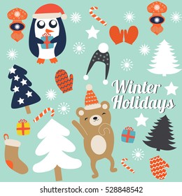 Christmas cards with cute trees, mittens and christmas toys, penguin in winter cap with gift and danicng bear. Vector illustration