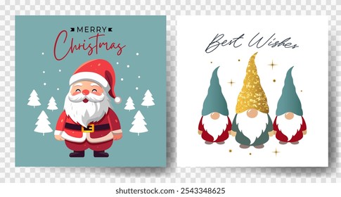 Christmas cards with cute winter characters santa, elf. Happy celebrate xmas tags. Childish greeting cards