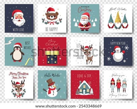 Christmas cards with cute winter characters. Happy celebrate xmas tags. Childish holiday greeting cards