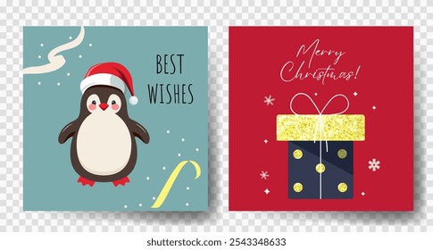 Christmas cards with cute winter penguin and gift. Happy celebrate xmas tags. Childish holiday greeting cards