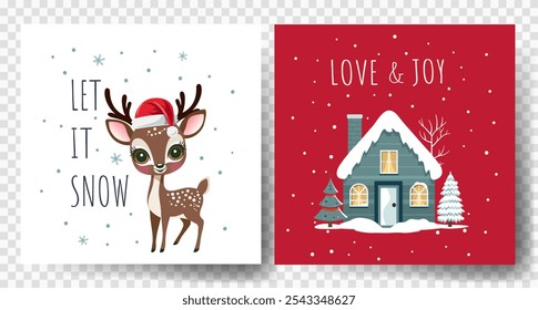 Christmas cards with cute winter reindeer and house. Happy celebrate xmas tags. Childish holiday greeting cards