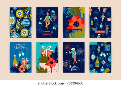 Christmas cards with dancing women and New Year's symbols. Trendy vintage style. Retro party. Vector design for poster, card, invitation, placard, brochure, flyer. 