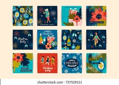 Christmas cards with dancing women and New Year's symbols. Trendy vintage style. Retro party. Vector design for poster, card, invitation, placard, brochure, flyer. 