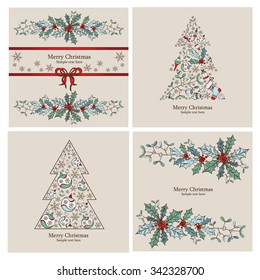 Christmas cards with Christmas decorations and Christmas tree. hand drawn 