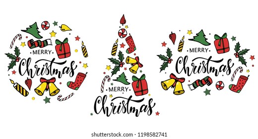 Christmas cards design. Hand lettering quote 'Merry Christmas' surrounded by hand drawn christmas objects on a white background. Poster, print, banner template. Vector illustration EPS 10