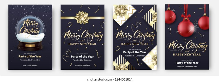 Christmas cards. Design layouts for Merry Xmas. Posters with snow globe, gifts, other Christmas decorations and lettering.