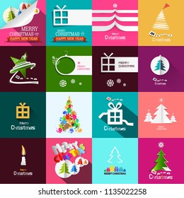 Christmas Cards Design Set. Vector Xmas Paper Cut Origami Backgrounds.