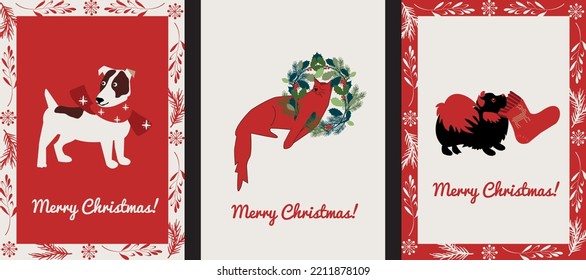 Christmas cards with dogs, cat and fir branches. Vector design for paper, fabric and other surface