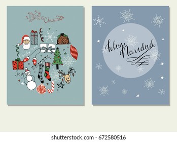 Christmas cards with doodles, snowflakes and lettering isolated on grey background.
