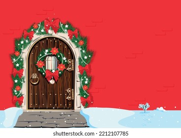 Christmas cards with a door decorated with a Christmas wreath and a garland for day and evening. Merry christmas and happy new year. Vector illustration.