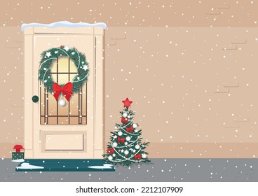 Christmas cards with a door decorated with a Christmas wreath and a garland for day and evening. Merry christmas and happy new year. Vector illustration.