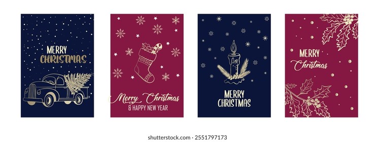 Christmas cards featuring minimalist designs, golden illustrations, and festive "Merry Christmas" text.