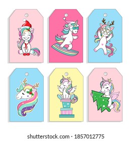 Tarjetas de Navidad con unicornio gracioso. Ilustración de dibujos animados