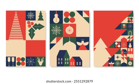 Christmas Cards with Geometric Patterns. Colourful Vector Templates with Greetings for New Year and Christmas. Flat Drawing of Christmas Tree, Gifts and Scandinavian Houses in Retro Style. 