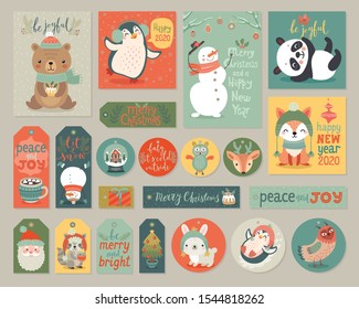 Christmas cards and gift tags set with animals. Woodland characters hand drawn style. Vector illustration.