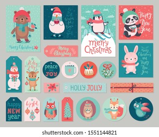 Christmas cards and gift tags set with animals. Woodland characters hand drawn style. Vector illustration.