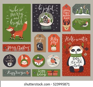 Christmas cards and gift tags set, hand drawn style. Vector illustration.