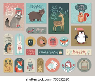 Christmas cards and gift tags set, hand drawn style. Vector illustration.