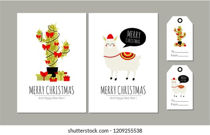 Christmas cards and gift tags. Vector template. Modern flat design with  llama, cactus and gift boxes. Merry Christmas.