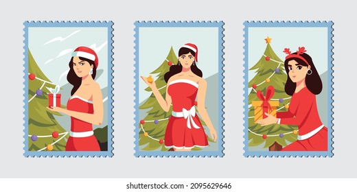 Christmas Cards with Girls Character Illustration