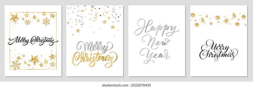 Christmas cards with gold and silver glitter decoration. Merry Christmas and Happy New Year hand written calligraphy. Elegant luxury design. For winter holiday banners, gift tags, party posters.
