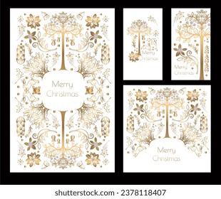 Christmas cards with gold trees, flowers, deer and rabbit. Vector