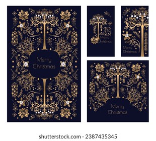 Christmas cards with gold trees, flowers, deer and rabbit. Vector