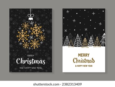 Christmas cards with golden tree and snowflake. Set. Vector illustration