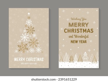 Christmas cards with golden tree and snowflake. Set. Vector illustration