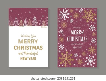 Christmas cards with golden tree and snowflake. Set. Vector illustration