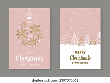 Christmas cards with golden tree and snowflake. Set. Vector illustration