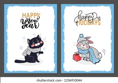 Christmas cards with greetings from kitty and rabbit. Vector christmas cards with bunny and cat. Happy New Year wishes from black feline in grey scarf.